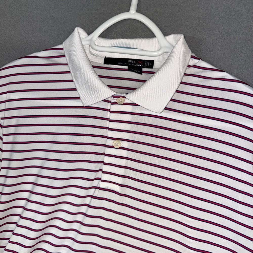 Ralph Lauren RLX Polo Shirt Mens Large White Red Striped Stretch Embroidered